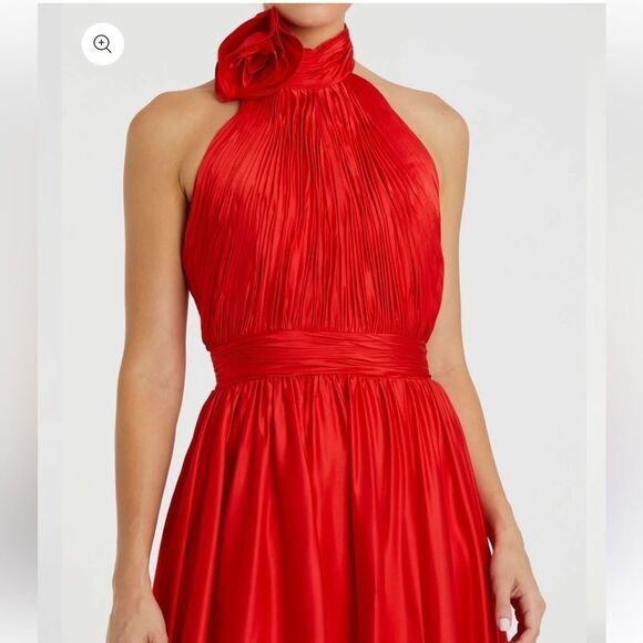 NWT Mac Duggal Red Soft Tie Halter Neck High Slit Gown dress rosette chiffon 0 - Picture 2 of 12